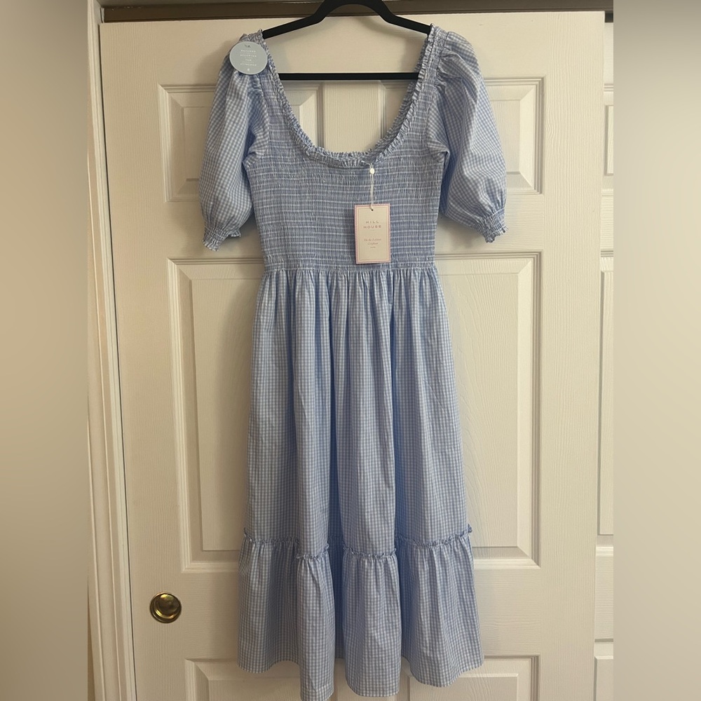 NWT Hill House Louisa Nap Dress, Hydrangea Blue gingham puff sleeve, size Small
